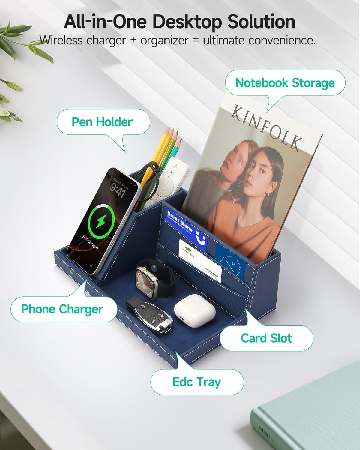 Desk Organizer with Wireless Charger, Bedside Tray, 5 Compartments