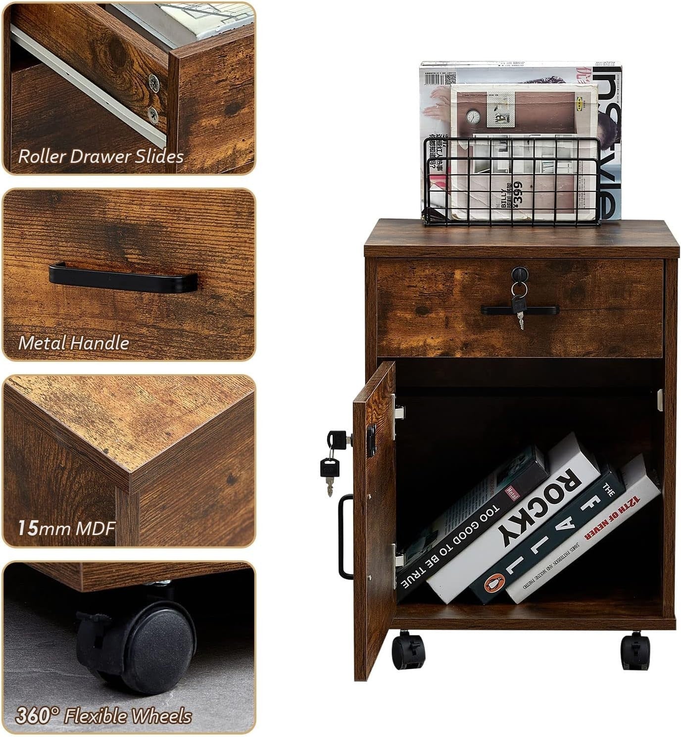 Brown Locking Rolling File Cabinet 1 Drawer 1 Door Under Desk Storage