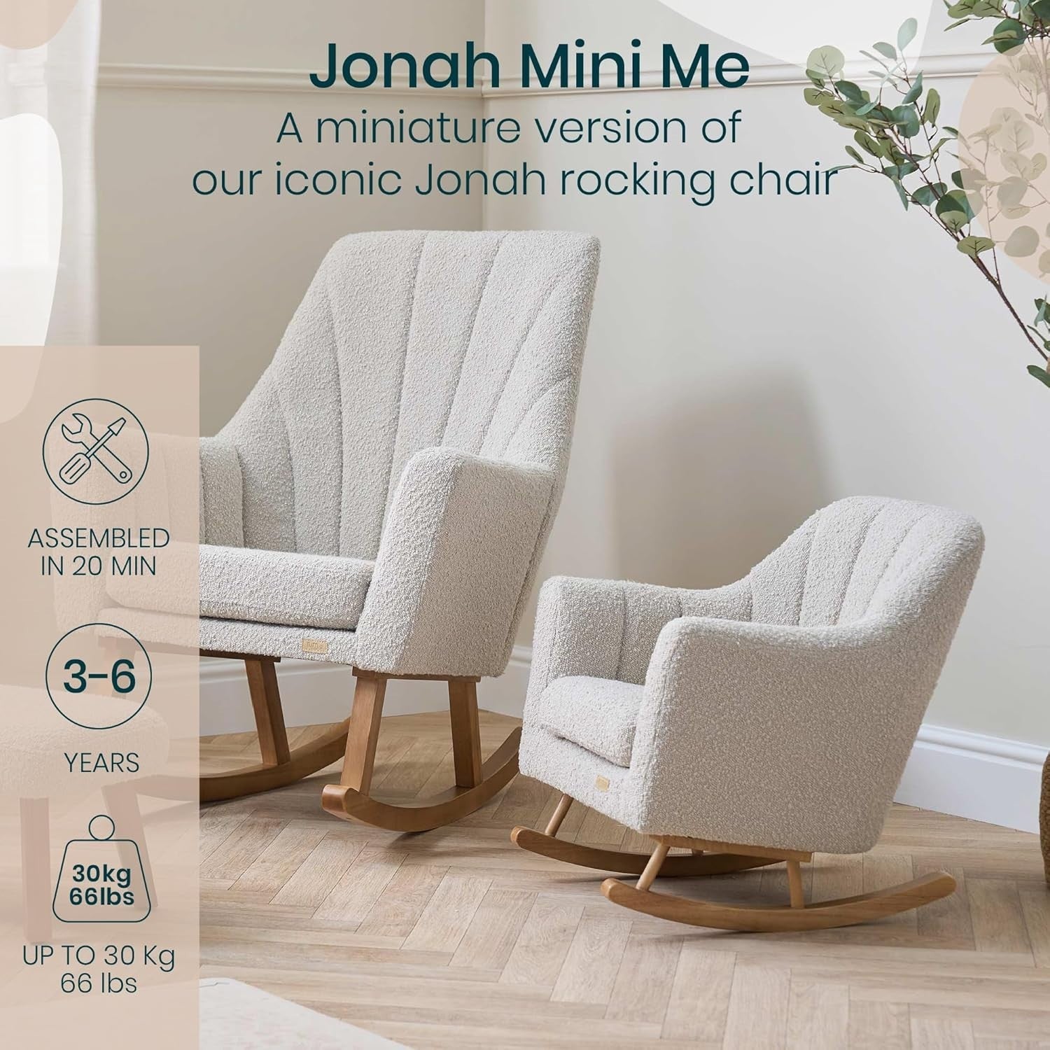 Toddler Rocking Chair Soft Bouclé, Rubberwood Frame, Easy Assembly