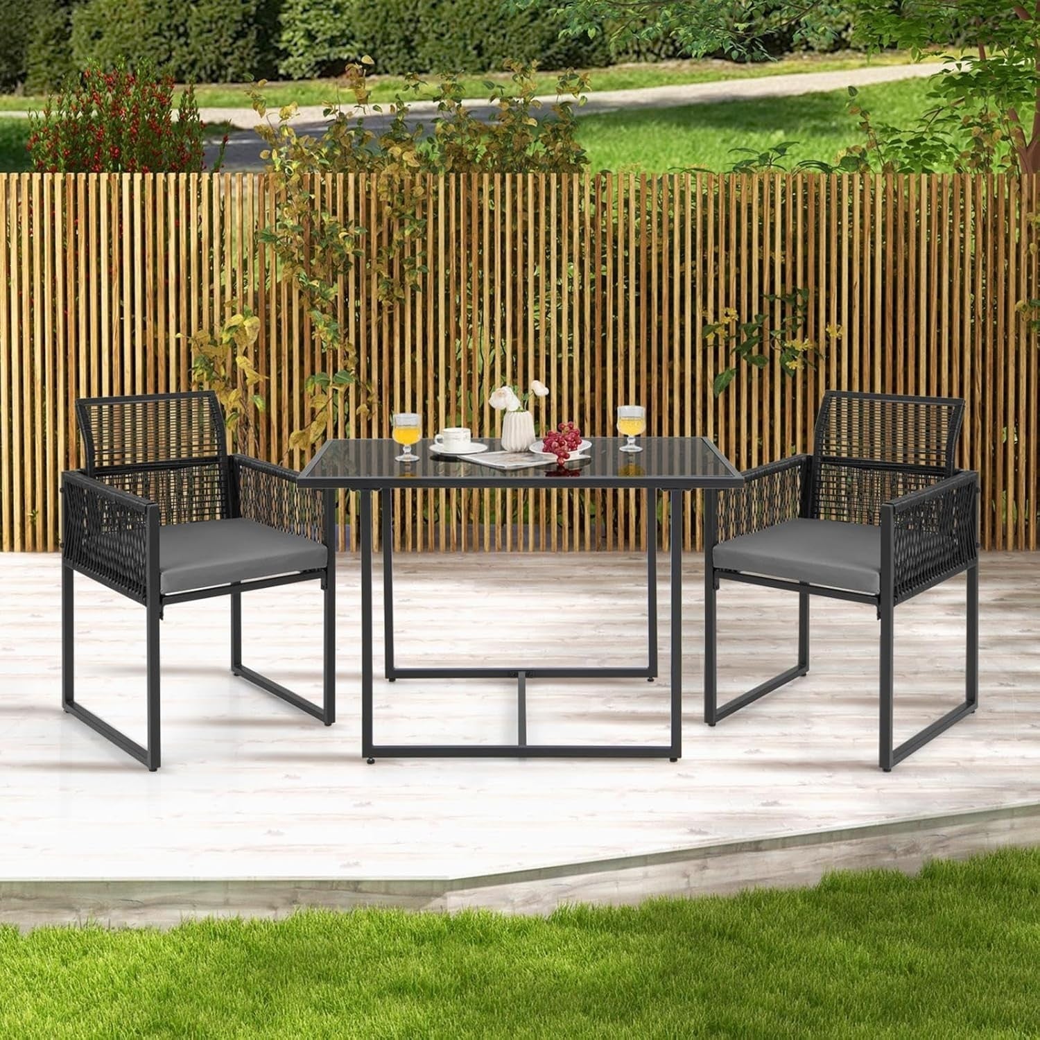 3pc Patio Bistro Set Glass Table 2 Rattan Chairs Cushions Space Saving