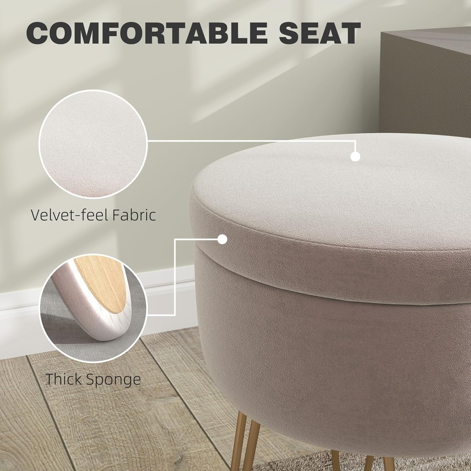 Light Pink Velvet Storage Ottoman Round Footstool Hairpin Leg Stool 33x43cm