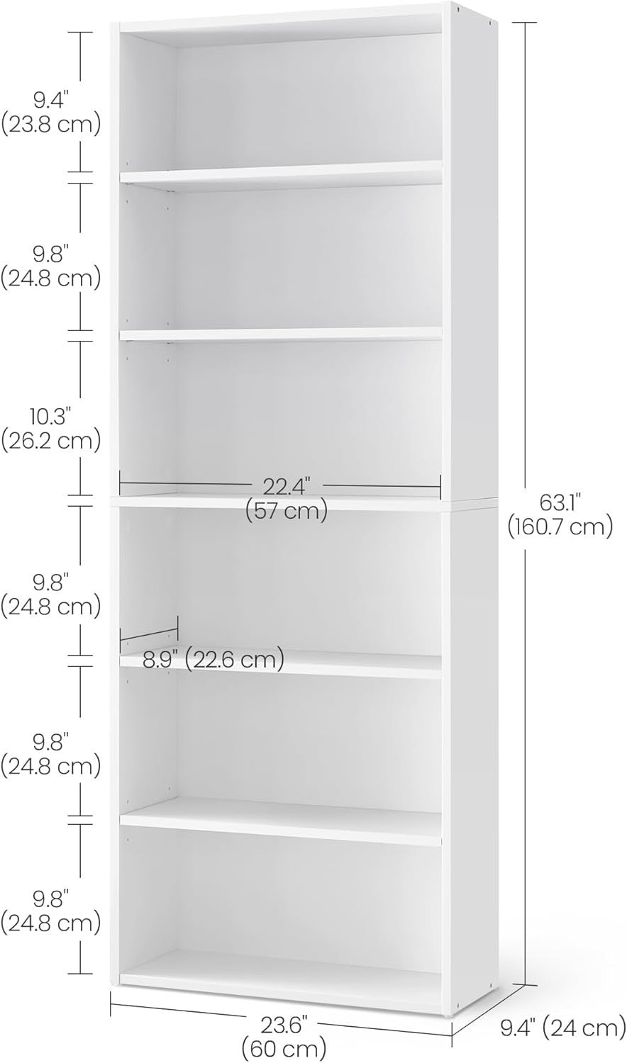 6 Tier Wooden Bookcase Tall Storage Display Book Shelf for Living Room White
