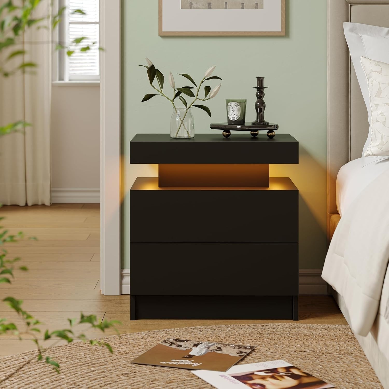 Modern Black LED Bedside Tables Set of 2 with RGB Lights & Drawers