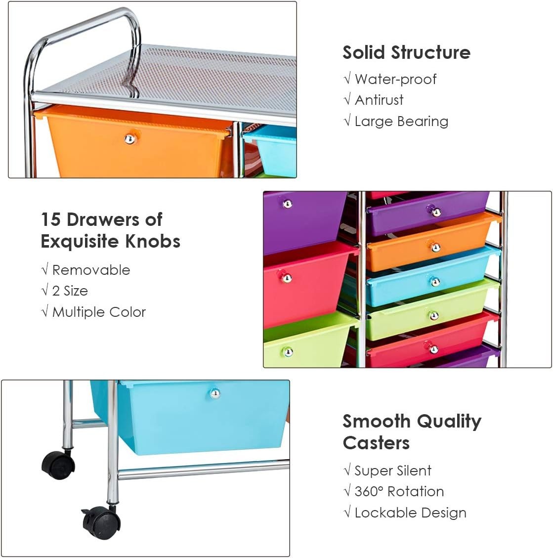 Rainbow 15 Drawer Rolling Storage Cart Craft Beauty Utility Organizer