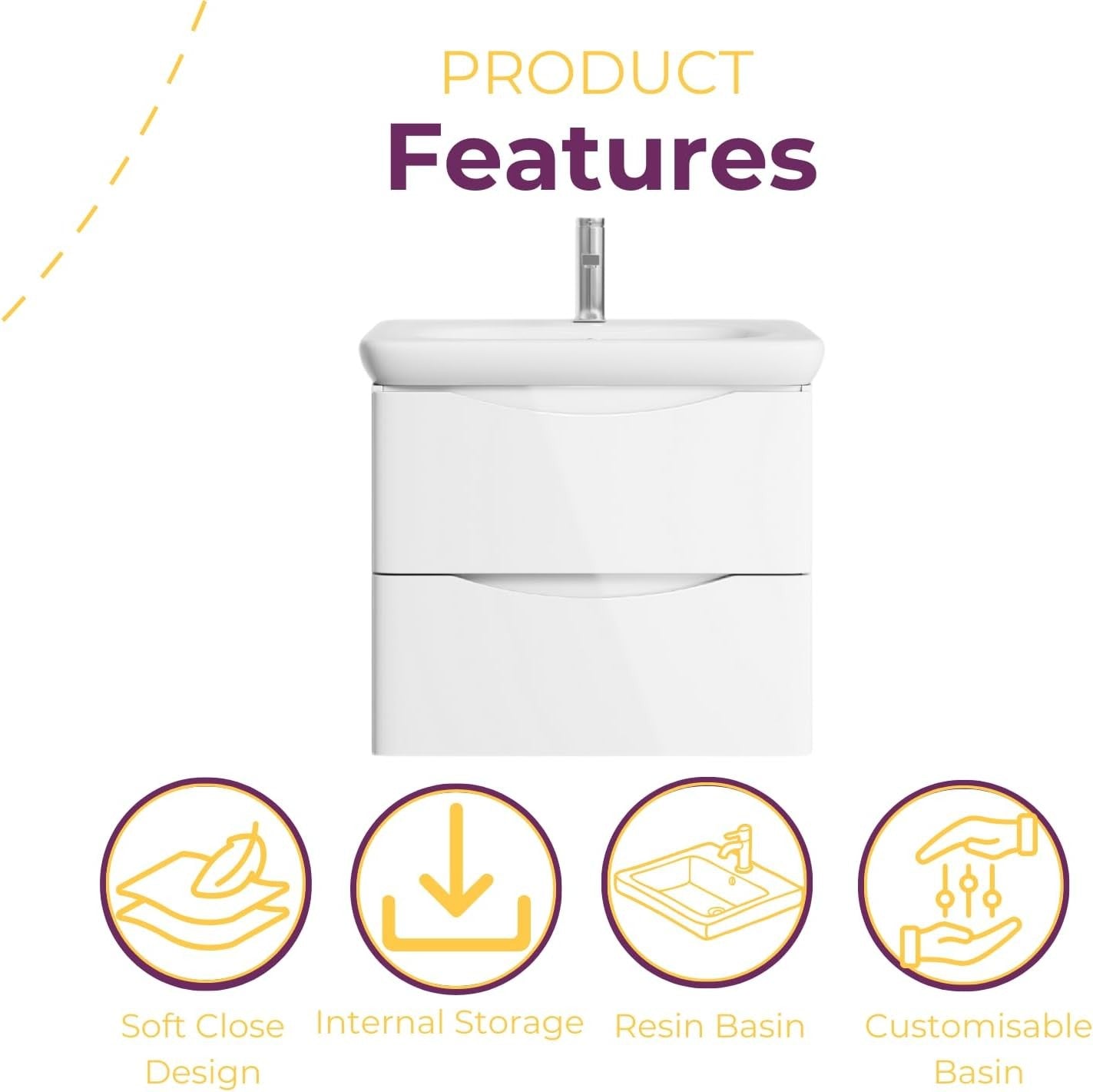 600mm Wall Hung Vanity Unit with Basin White Gloss Floating Bathroom Storage