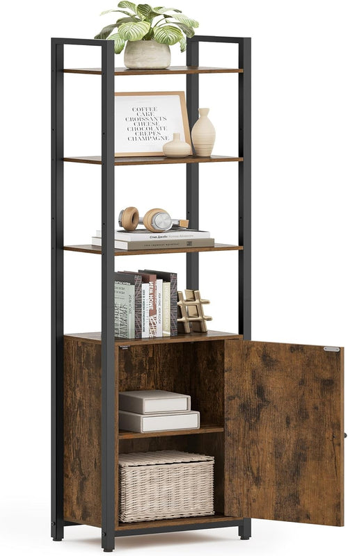 6-Tier Industrial Tall Bookcase with Cabinet, Metal Frame Adjustable Shelves
