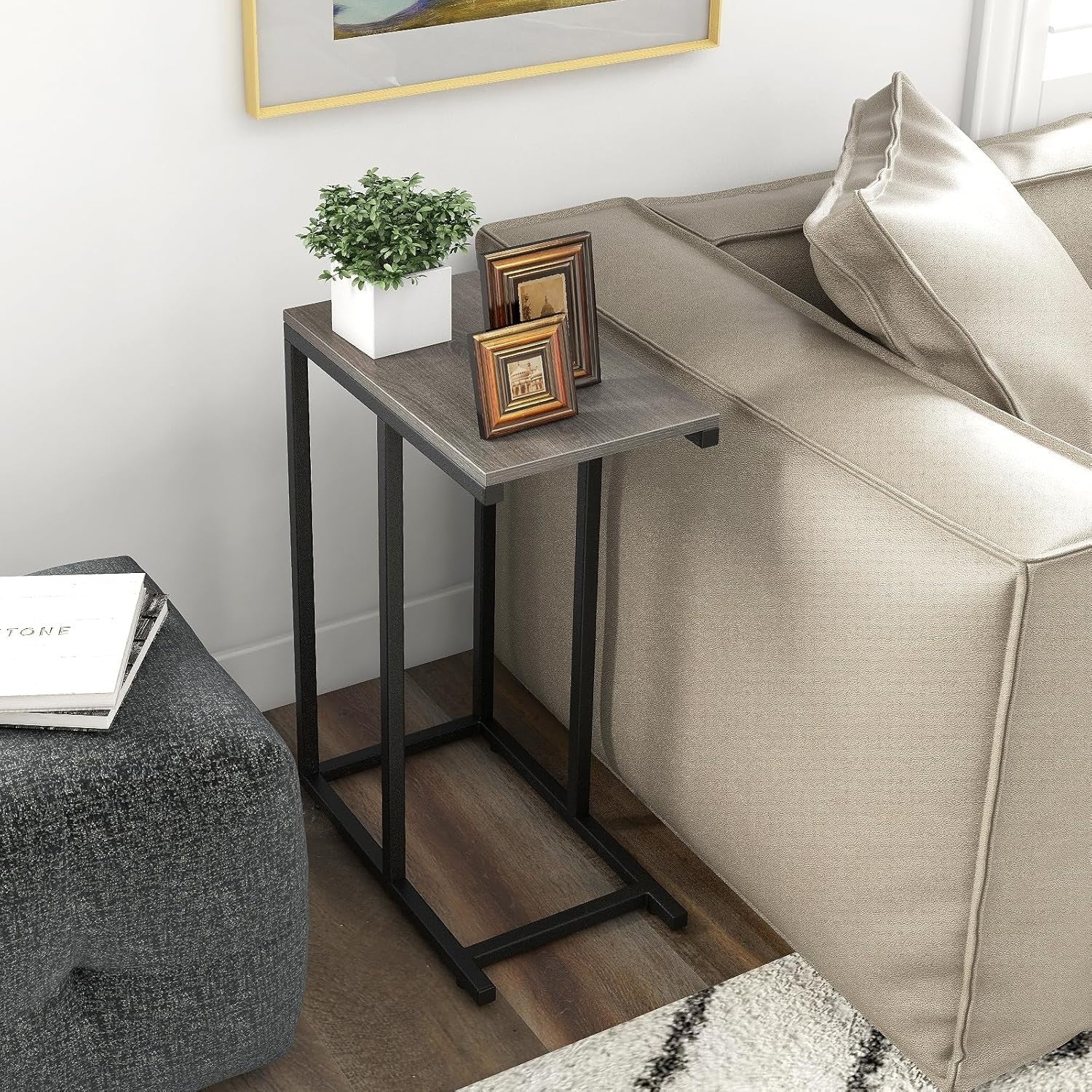 C-Shaped Side Table Grey Oak | Industrial Sofa Laptop Snack Table for Small Spac