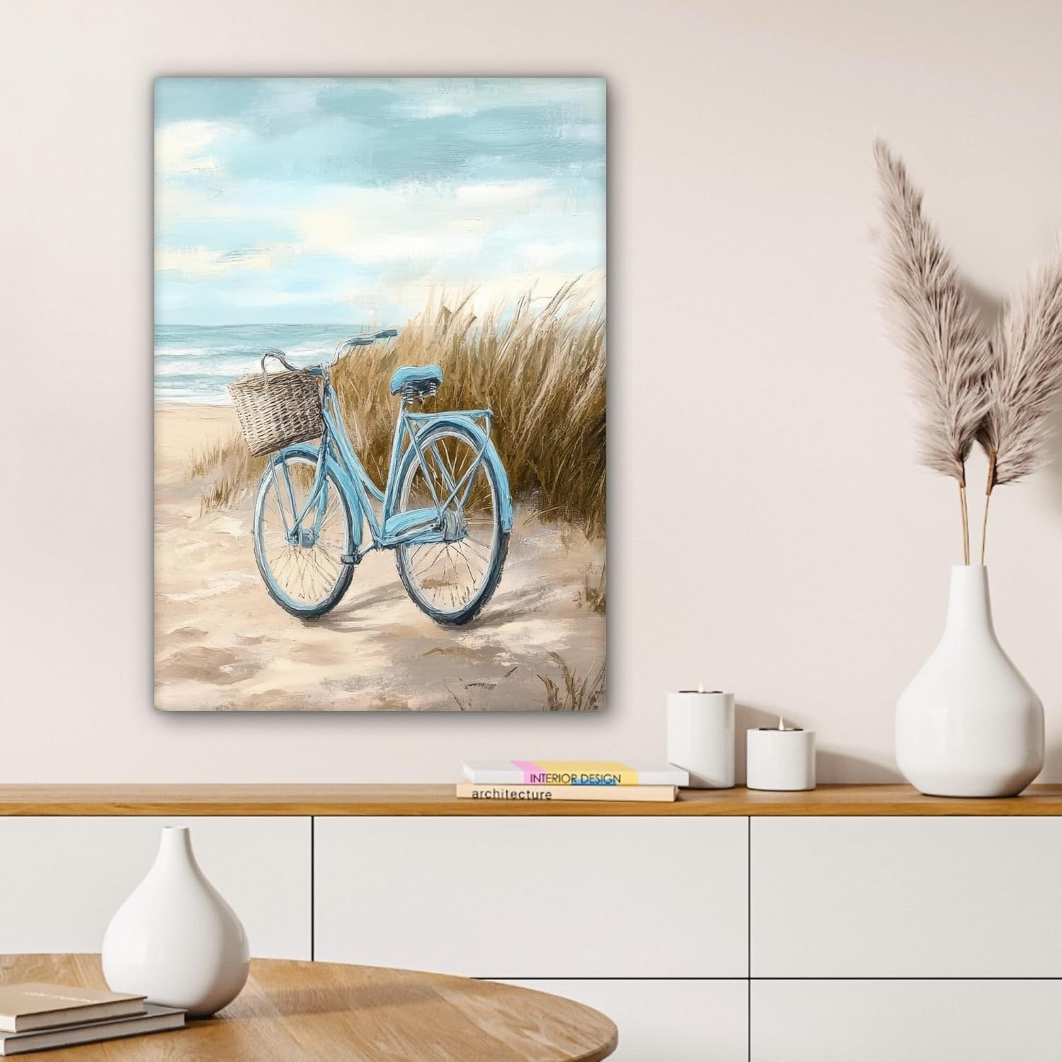 Large Framed Canvas Wall Art 50x70cm Beach Bicycle Vintage