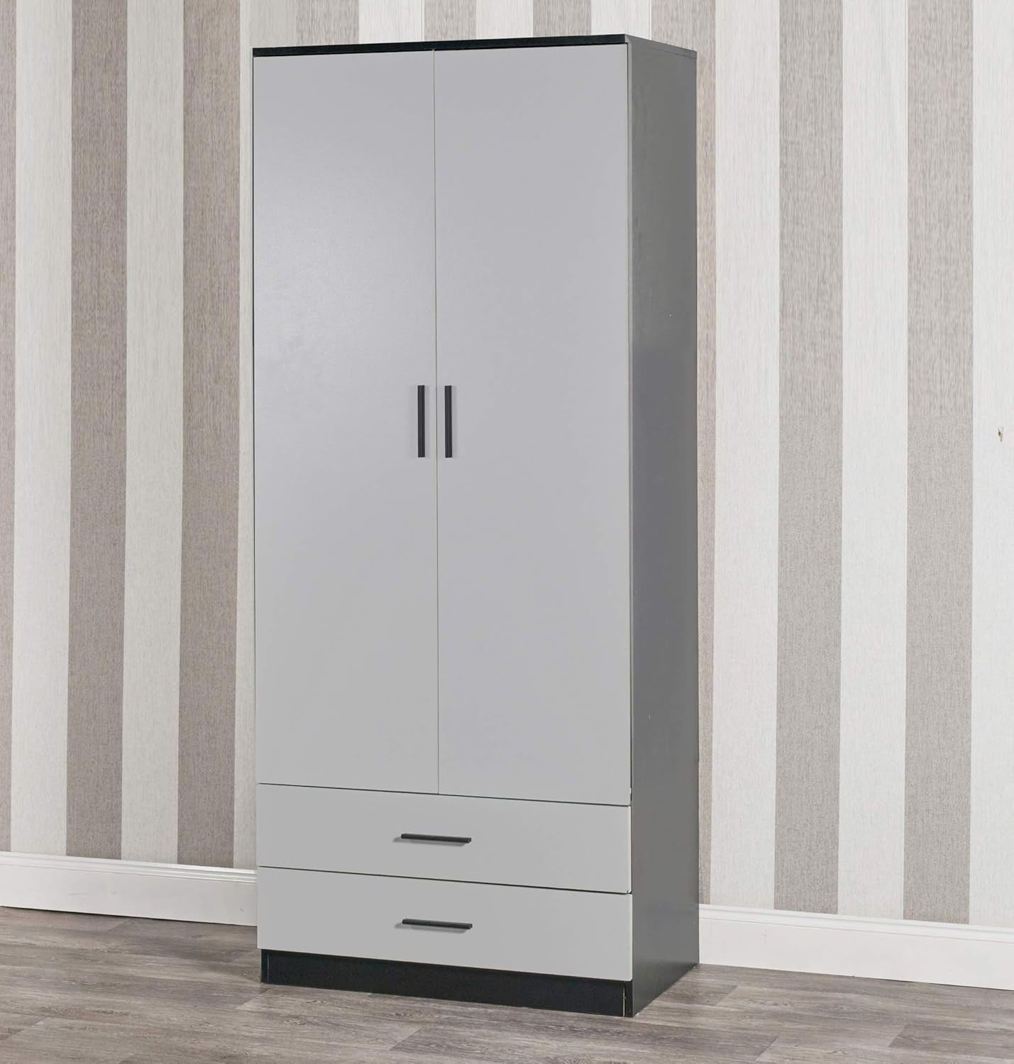 Tall Black Wardrobe Grey Drawers 2 Door Closet Storage Hanging Rail