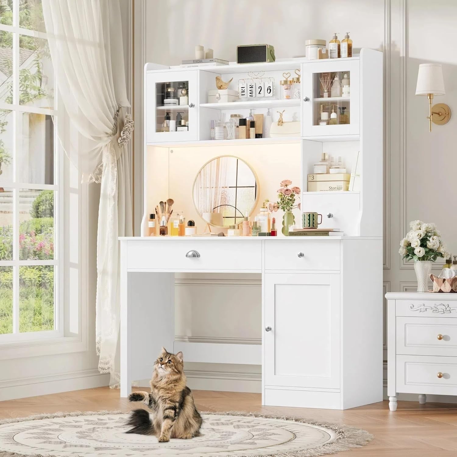 White Computer Desk with Drawers, Shelves, Power Outlet & LED Lights 120cm