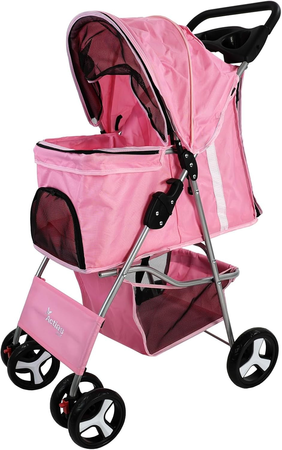 Pet Travel Stroller Dog Cat Pushchair Foldable Swivel Wheels 15kg Pink