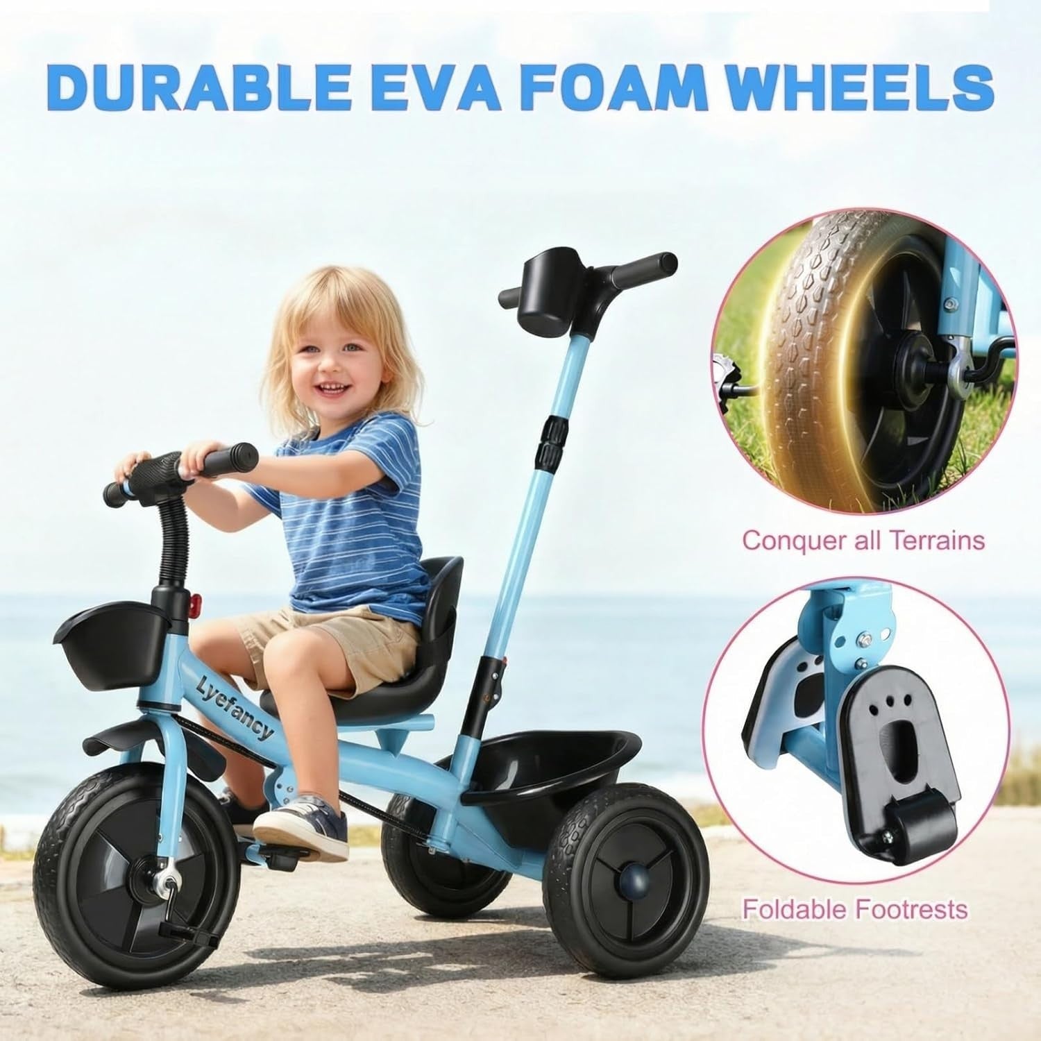 2 in 1 Toddler Tricycle Parent Handle Adjustable Seat Bike Blue 1-4Y