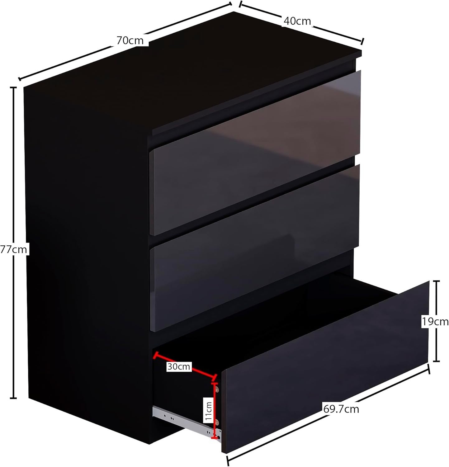 Black Gloss 3 Drawer Chest Compact Storage Cabinet Bedroom Organizer