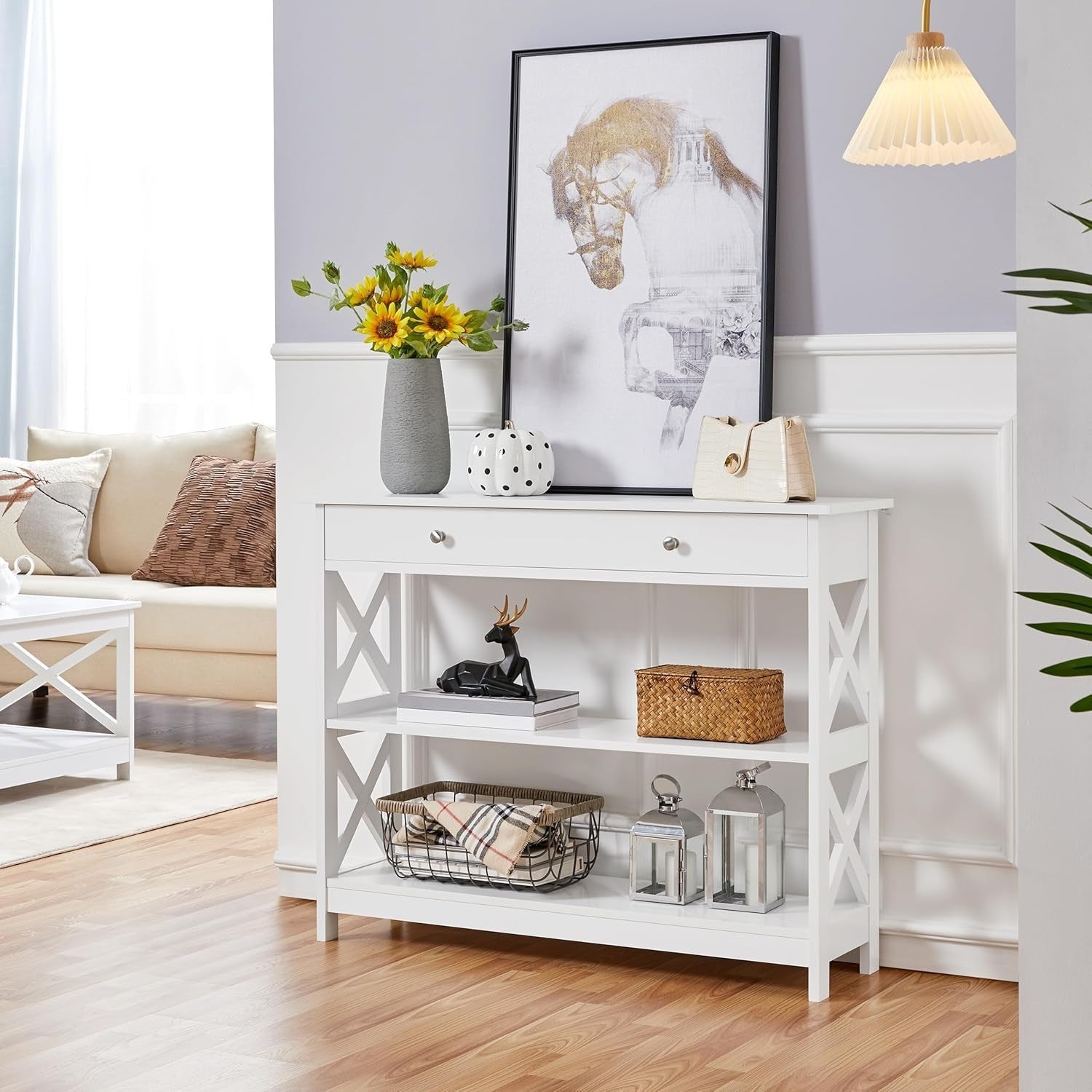 White Console Table with Drawer & 3 Shelves, Compact Hallway Storage