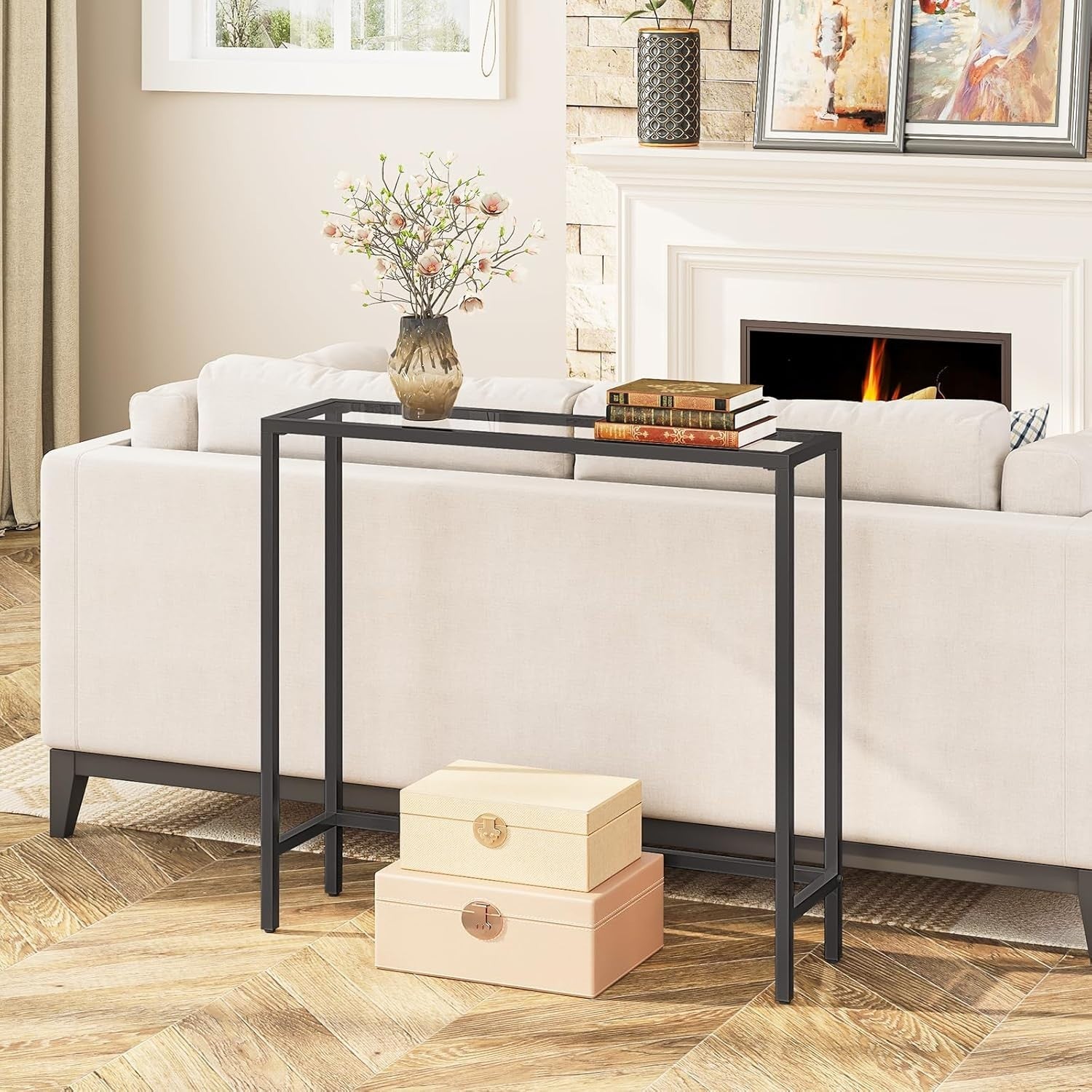 Slim Black Console Table with Glass Top, Modern Metal Frame, 75x22x80cm