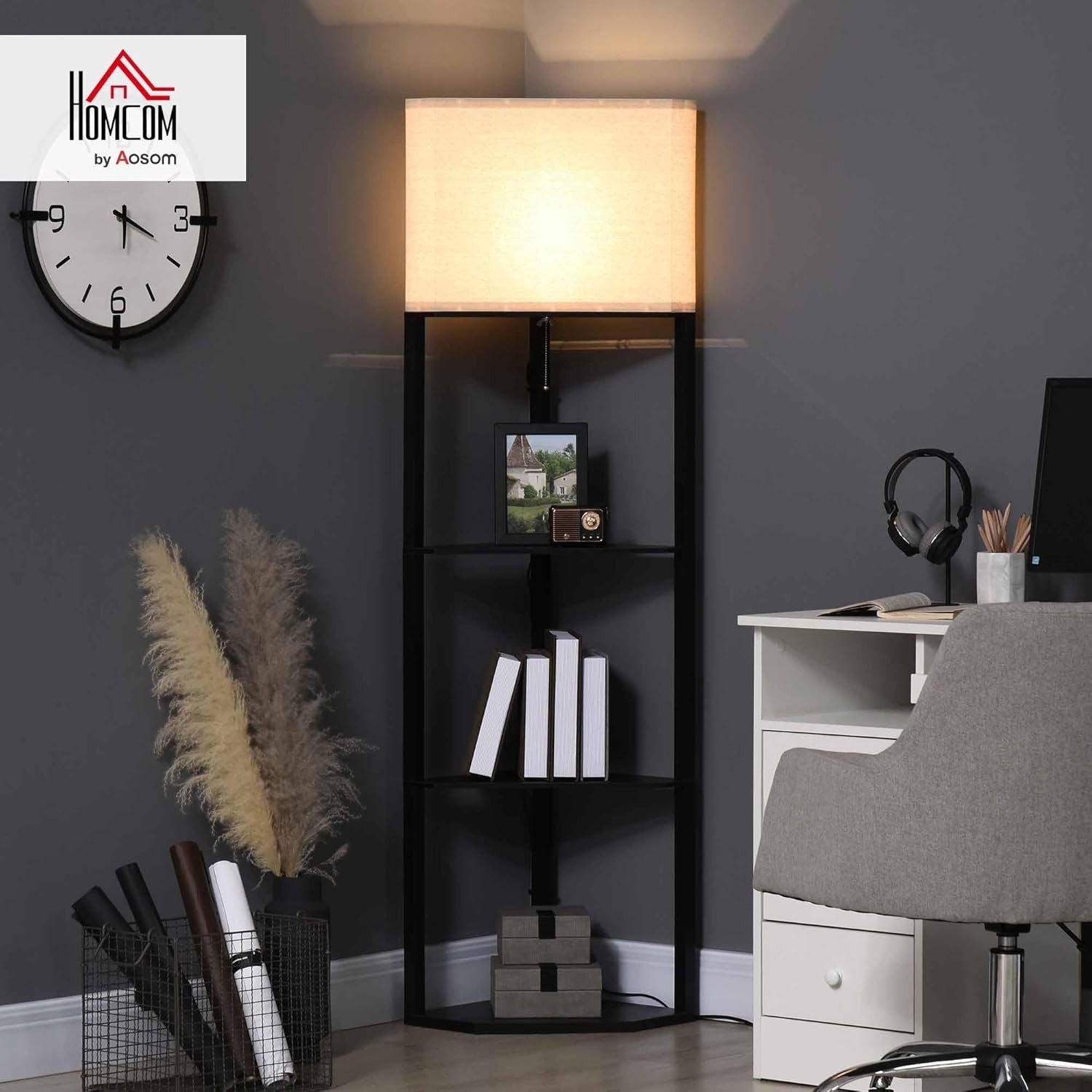 Corner Floor Lamp with Shelves Tall Standing Light Storage Black E27