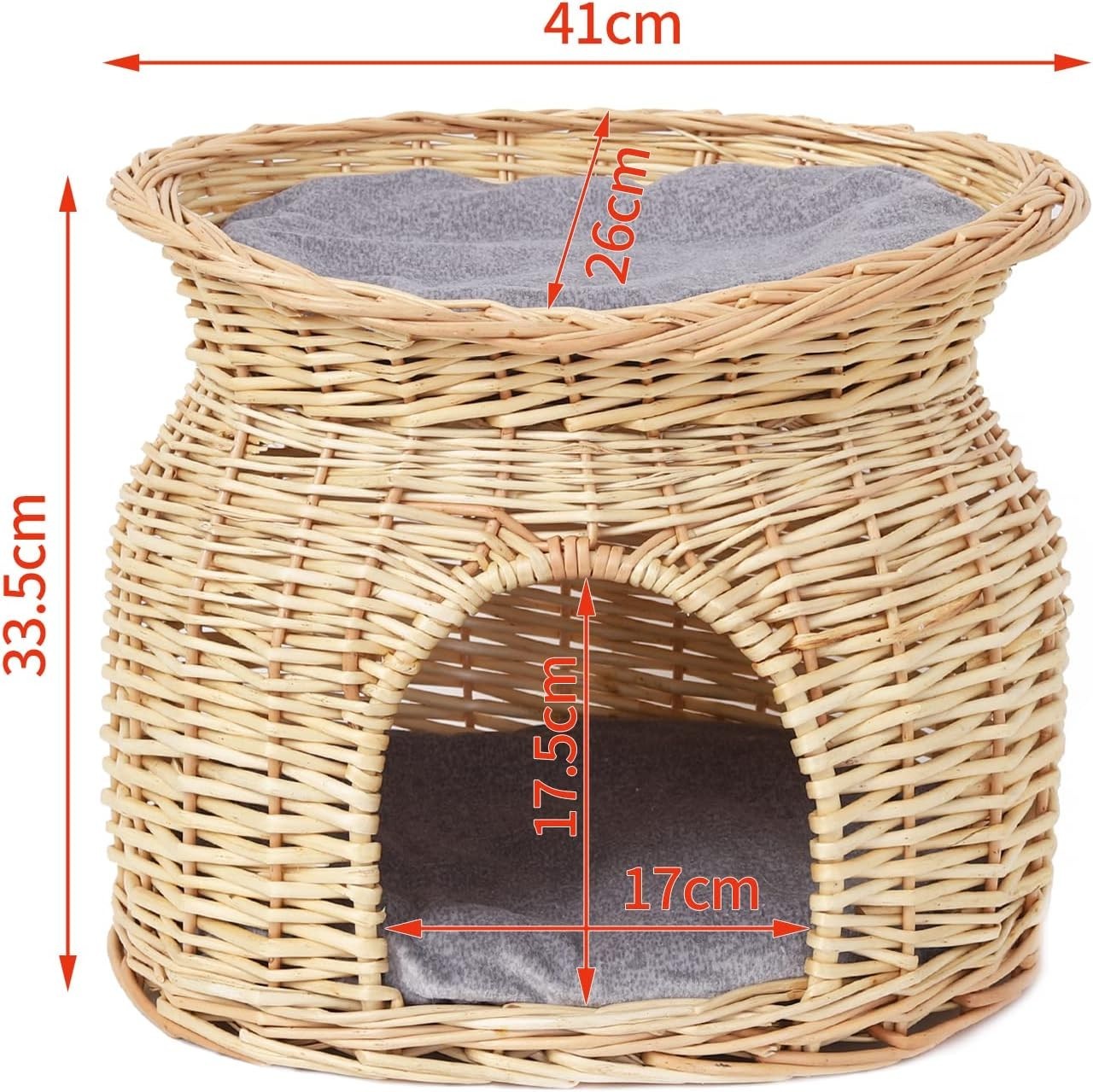 2 Tier Wicker Cat Cave House Kitten Basket Bed with Cushions Beige