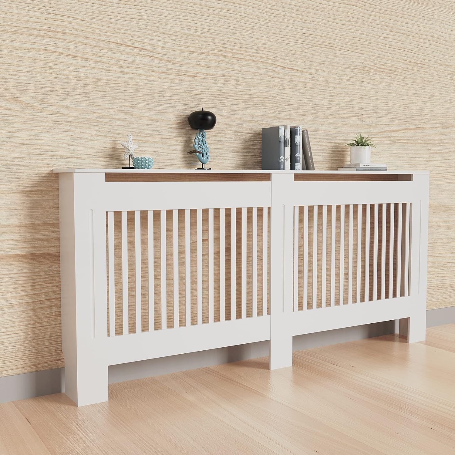 Large White Radiator Cover Cabinet 92cm MDF Vertical Slatted Heater Shelf
