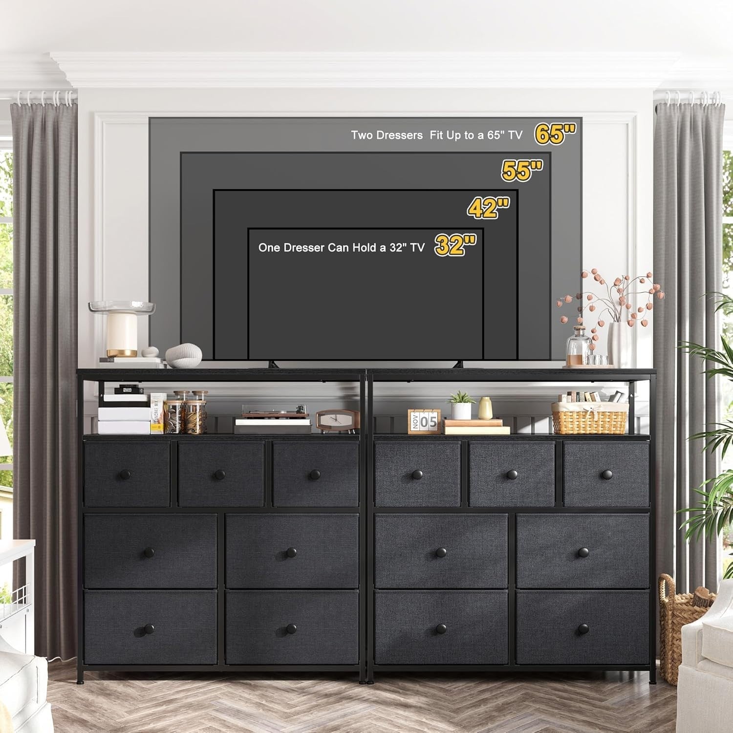 7-Drawer Black Grey Fabric Chest with 2-Tier Shelf – Bedroom & Living Storage