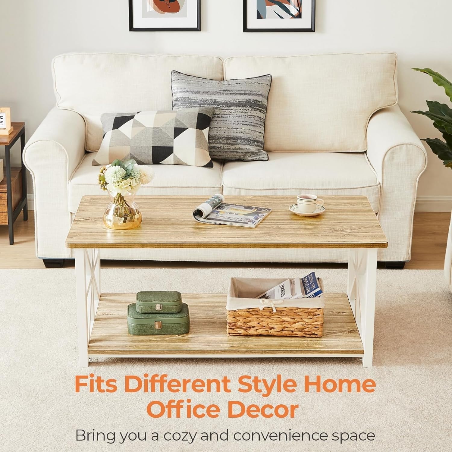 2-Tier Beige Coffee Table with X-Frame, Rounded Corners, 100cm Storage