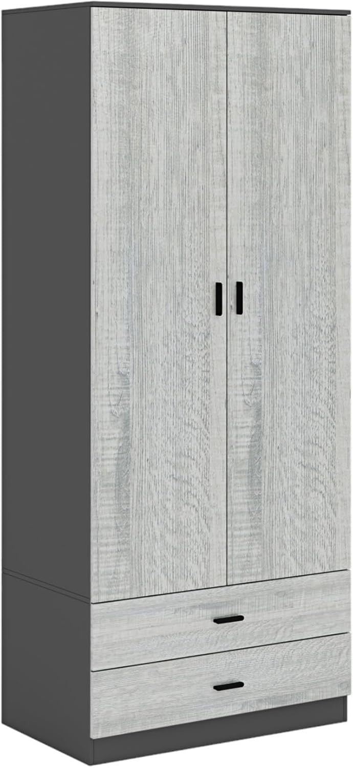 Tall Wardrobe Black Ash Grey 2 Door 2 Drawer Bedroom Clothes Storage Unit