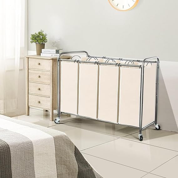 4-Bag Rolling Laundry Sorter Cart with Lockable Wheels & Removable Bags Beige