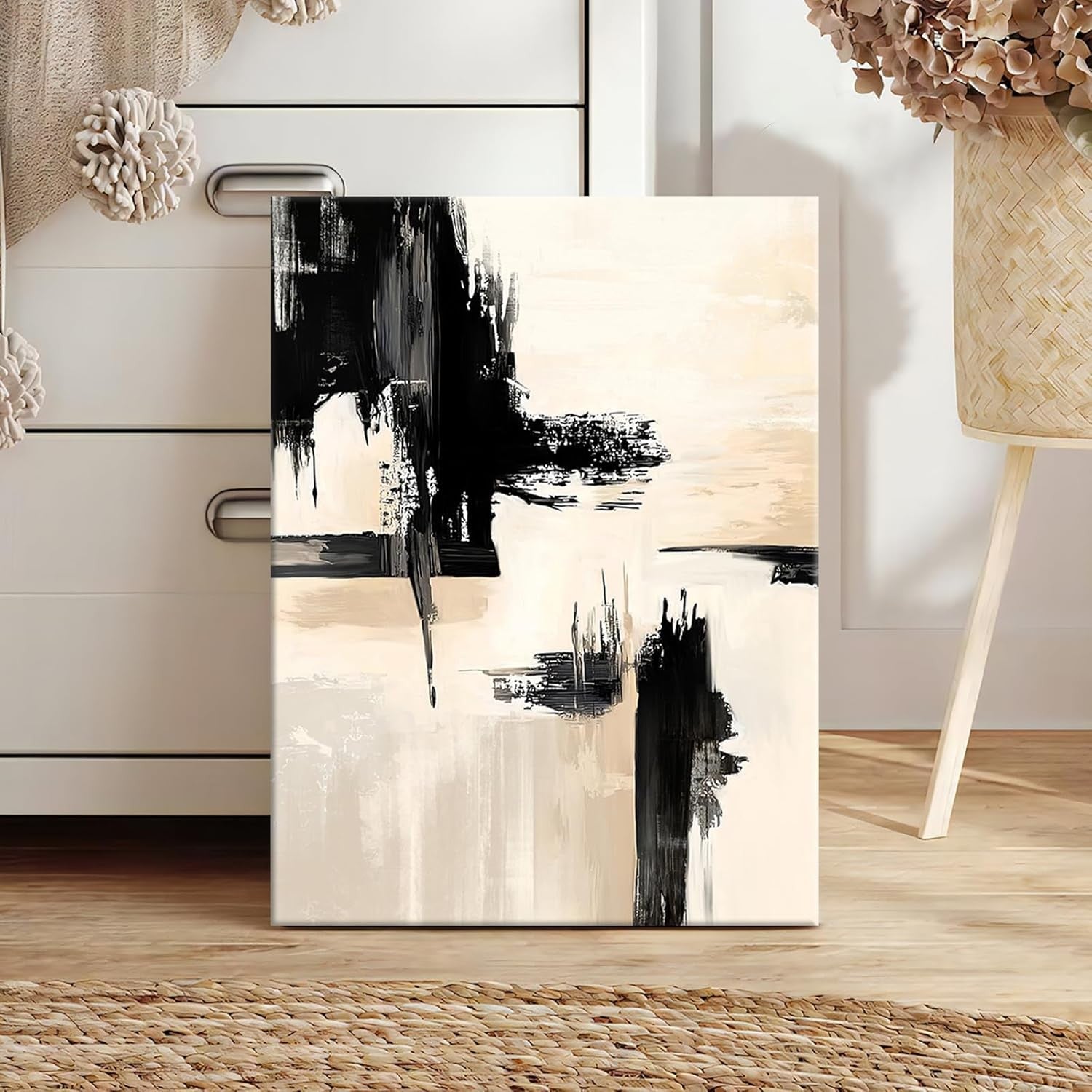 Abstract Black Beige Canvas Wall Art Framed 30x40cm Modern