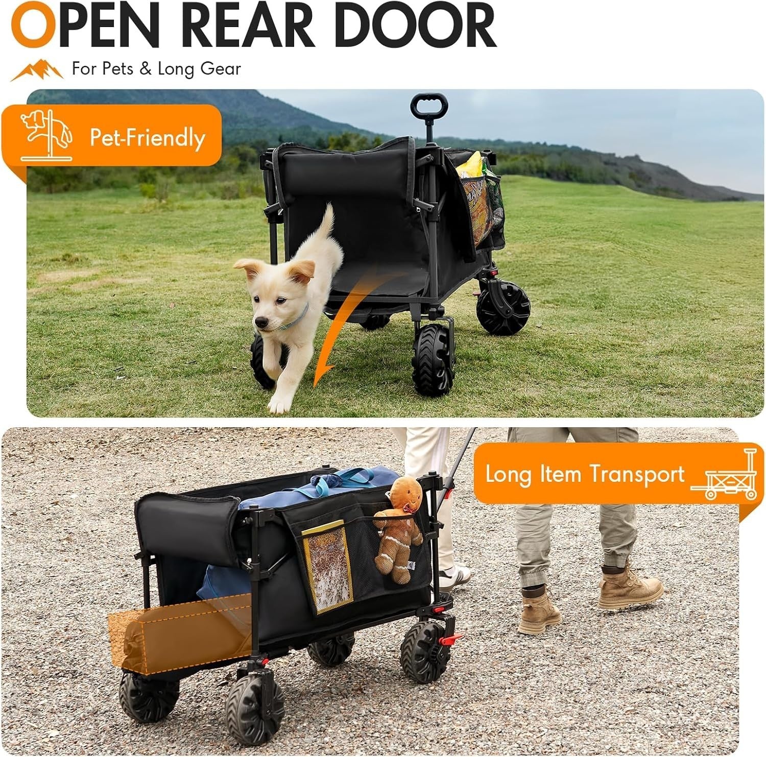 Black 350L Folding Beach Trolley XXL Wagon w/ Canopy Tailgate & Brakes