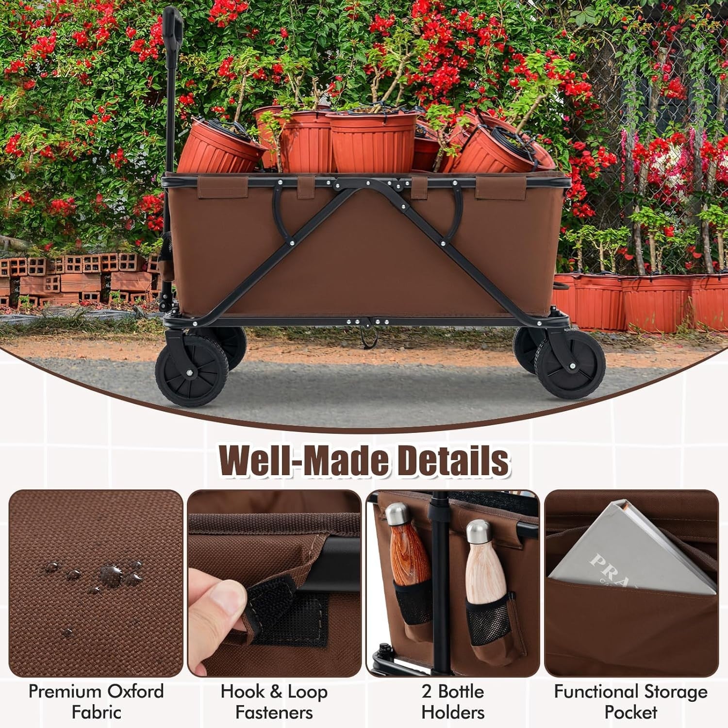 Brown Folding Camping Wagon 170L Heavy Duty Collapsible Garden Cart w/ Handle