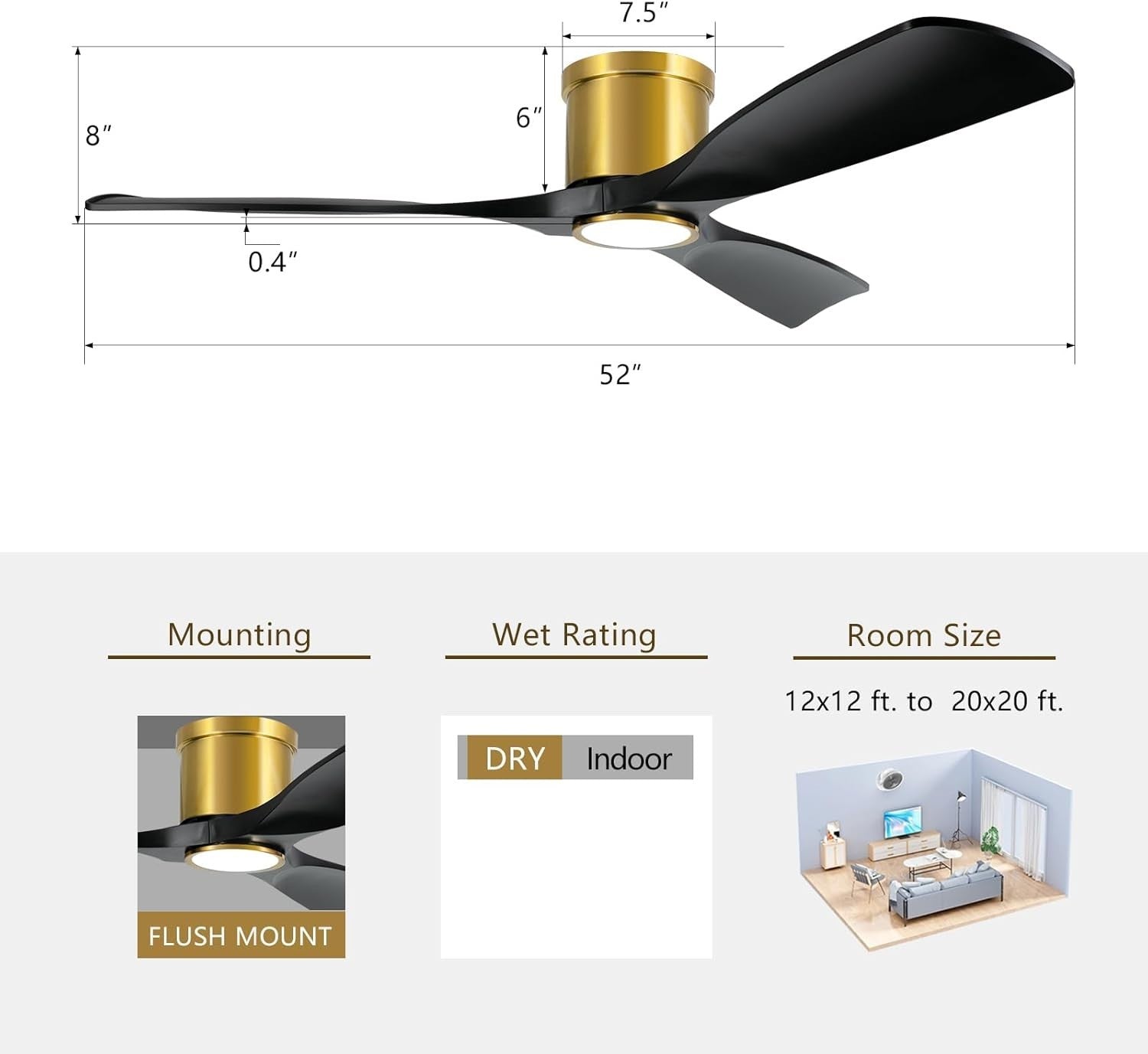 OFANTOP 132CM Ceiling Fan with Light, 3-Blade, 6-Speed, Remote, Black Gold
