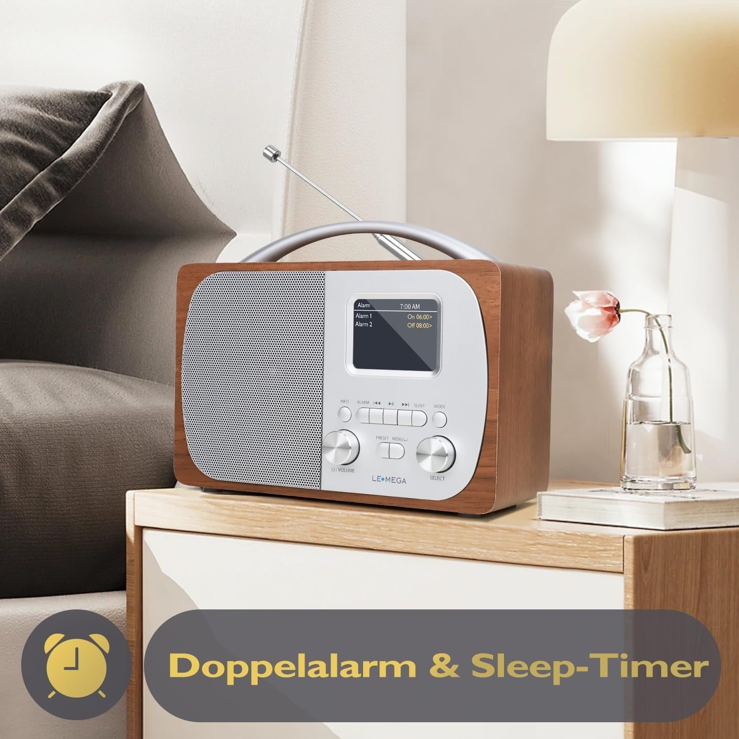 DAB DAB+ FM Digital Radio Bluetooth Speaker Alarm Walnut Portable