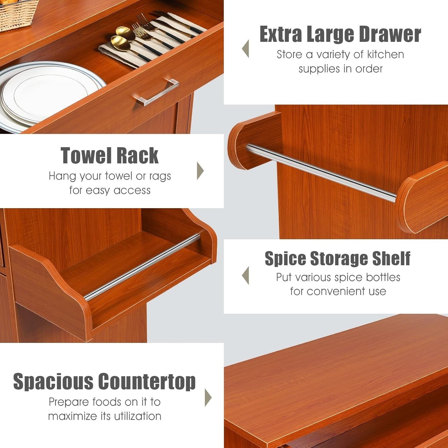 Large Kitchen Island Trolley Drawer Cabinet 116cm Brown