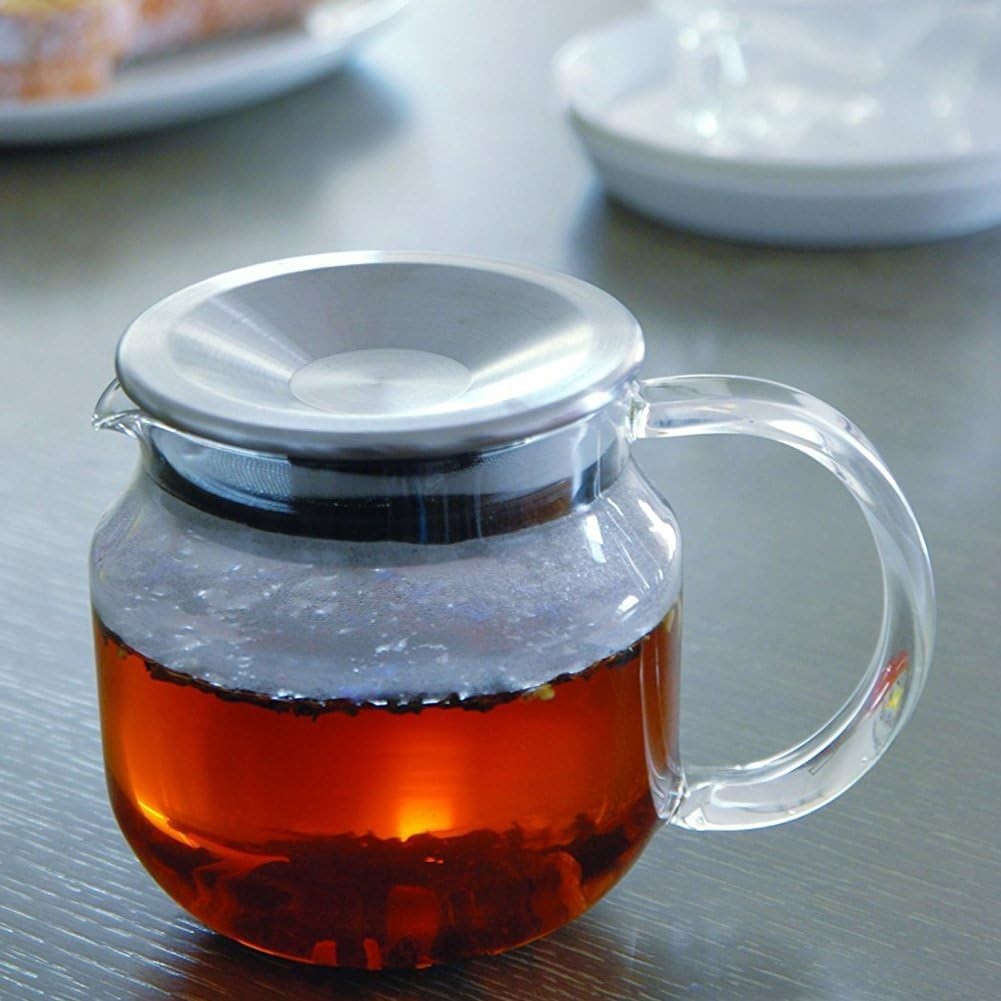 One Touch Glass Teapot 450ml Stainless Steel Infuser Dishwasher Safe