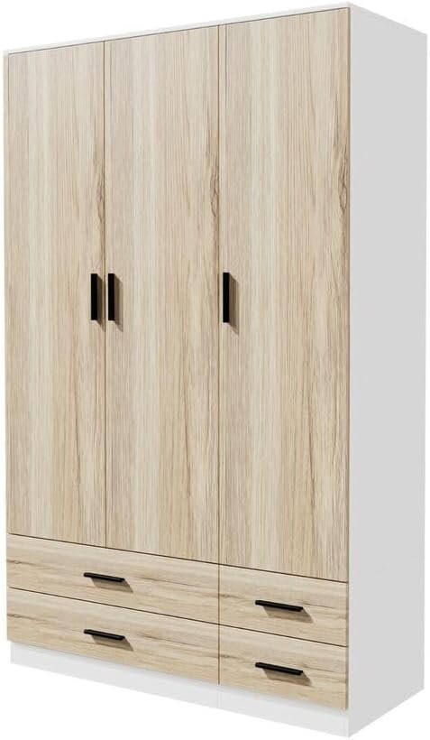 Modern 3-Door 4-Drawer Wardrobe with Hanging Rail & Storage Shelf – Oak/White