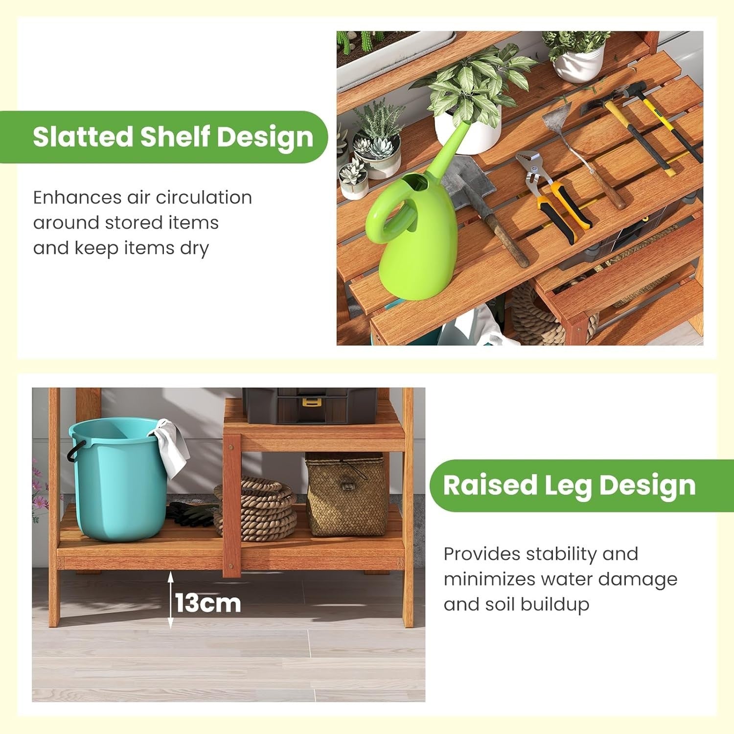 Wooden Garden Potting Table Bench w/ Shelves Teak Oil Finish Outdoor 91x46