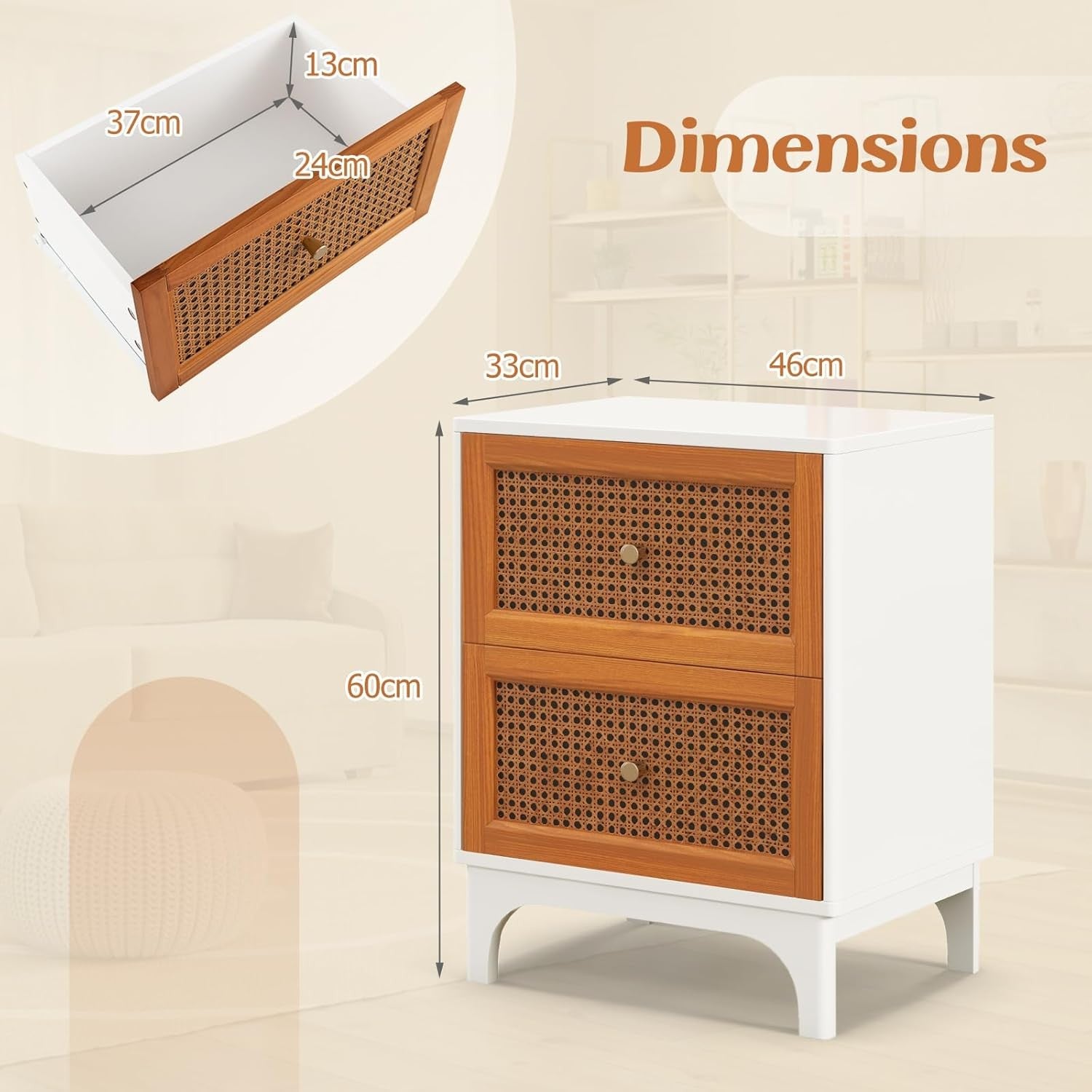 Modern Rattan Bedside Tables Set of 2 with Drawers | Wood Storage Nightstands