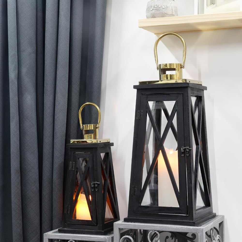 Set of 2 Farmhouse Wooden Lanterns Black Rustic Candle Holders 55cm