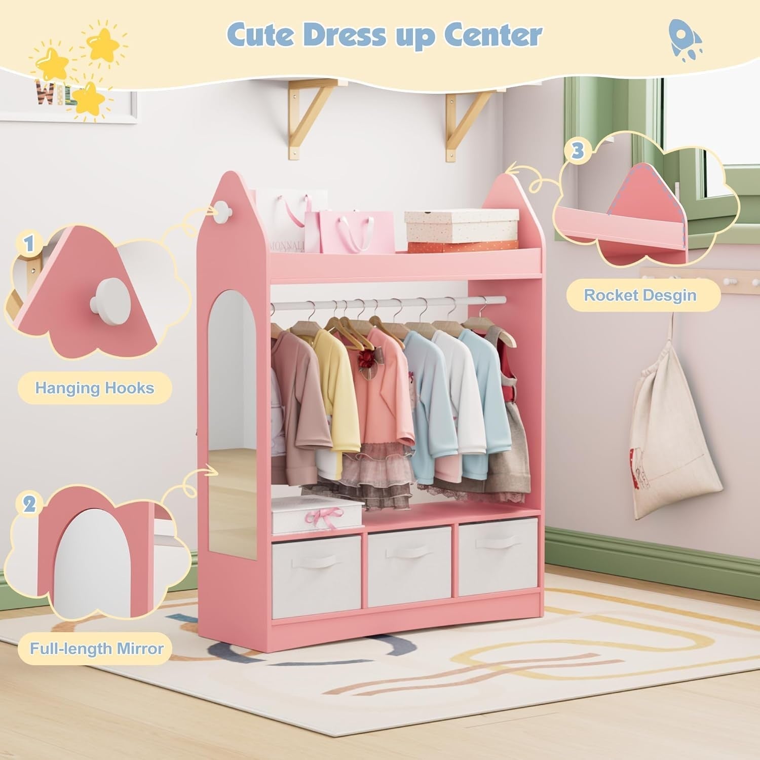 Kids Wardrobe with Mirror, 3 Drawers & Hanging Rail, Pink Rocket Design