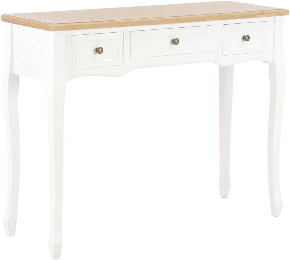 Compact Console Table with 3 Drawers, Pinewood, White & Brown, 35x100x78 cm