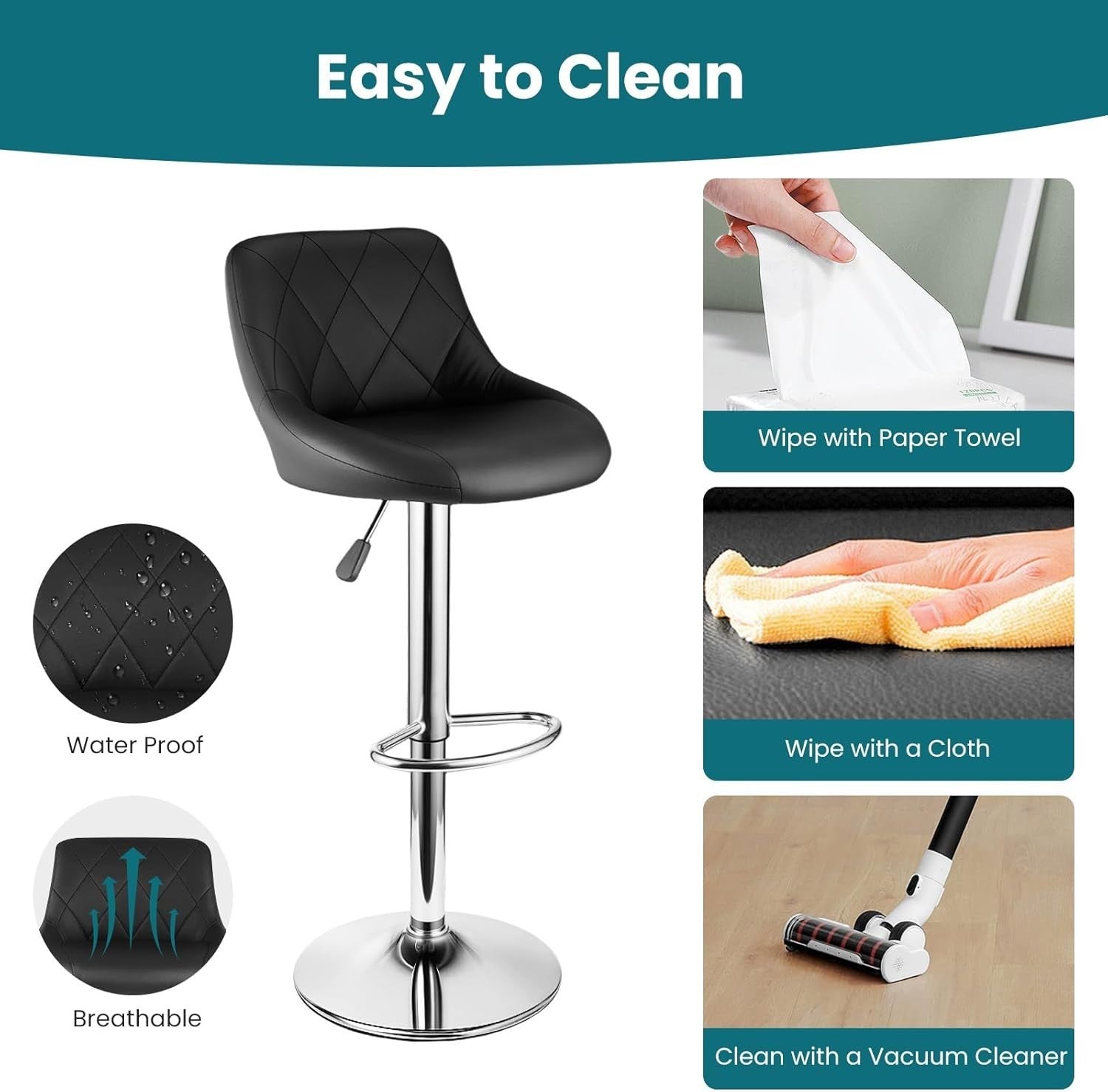 3 Black Bar Stools Faux Leather Swivel Height Adjustable Kitchen Chairs
