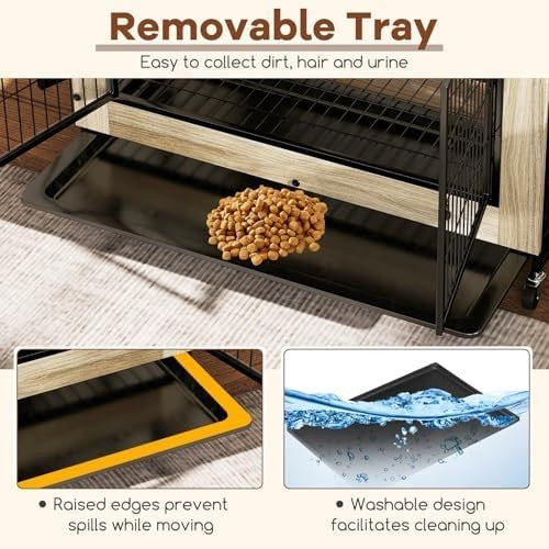 Luxury Indoor Dog Crate Furniture with Wheels, Pull-Out Tray & 3 Doors