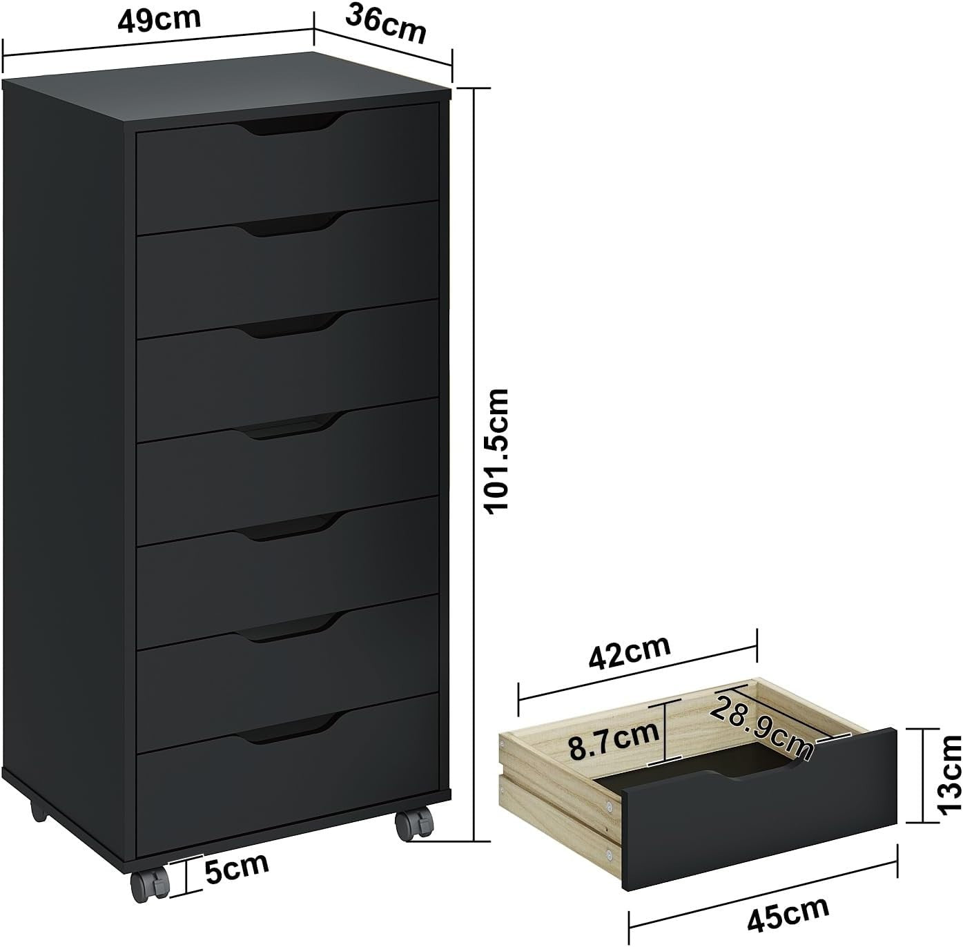 7 Drawer Mobile Filing Cabinet with Wheels Office Storage Chest Black