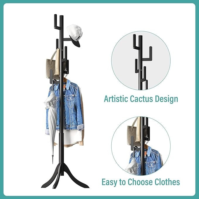 Black Bamboo Coat Rack Freestanding 6 Hooks | Modern Adjustable Wooden Hall Tree