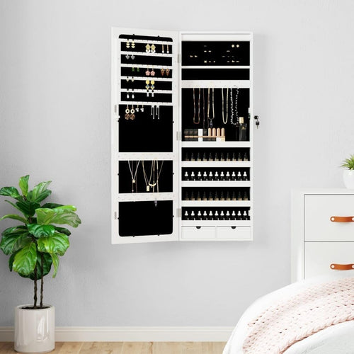 Wall Mounted Mirror Jewelry Cabinet Lockable Slim Storage Armoire White