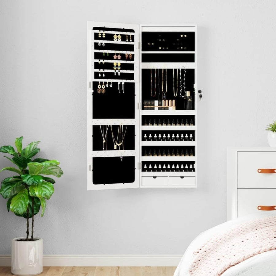 Wall Mounted Mirror Jewelry Cabinet Lockable Slim Storage Armoire White