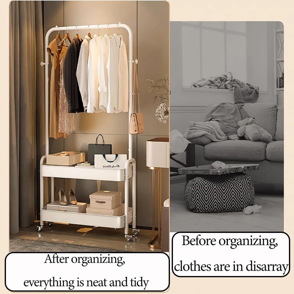 Heavy Duty Clothes Rack 2 Tier Shelves Metal Rail with Wheels Pink