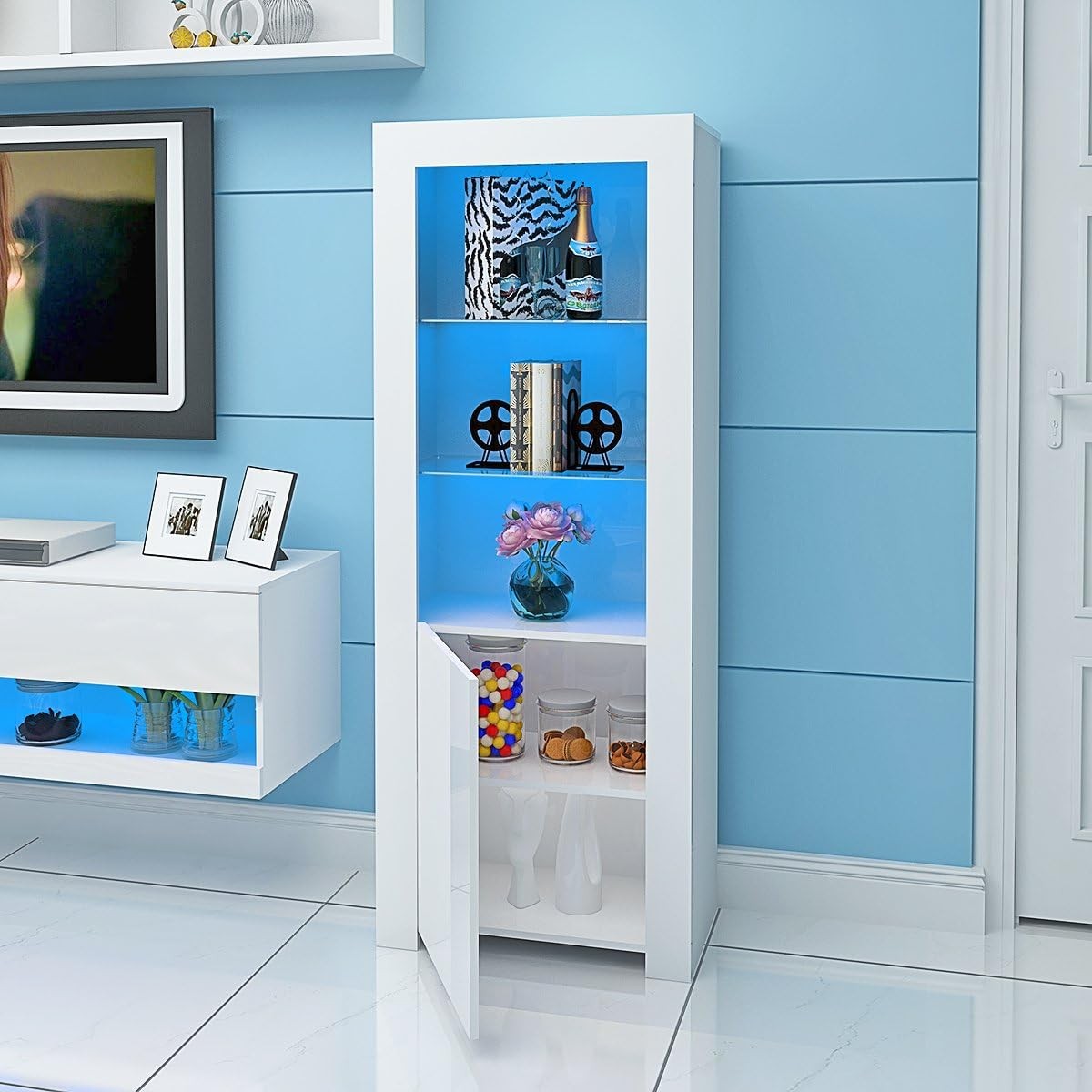 Tall LED Display Cabinet White High Gloss Glass Shelves Modern Storage Unit