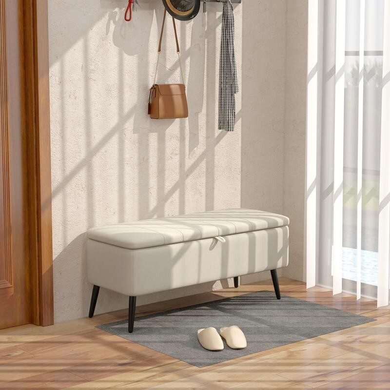 Storage Ottoman Bench Cream Linen Seat Flip Top Stool Steel Legs Bedroom