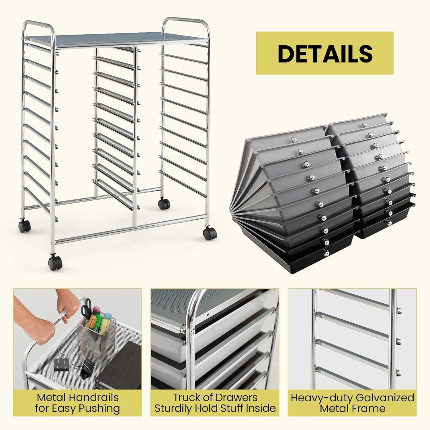 20 Drawer Rolling Storage Trolley Organiser Cart Beauty Office Black