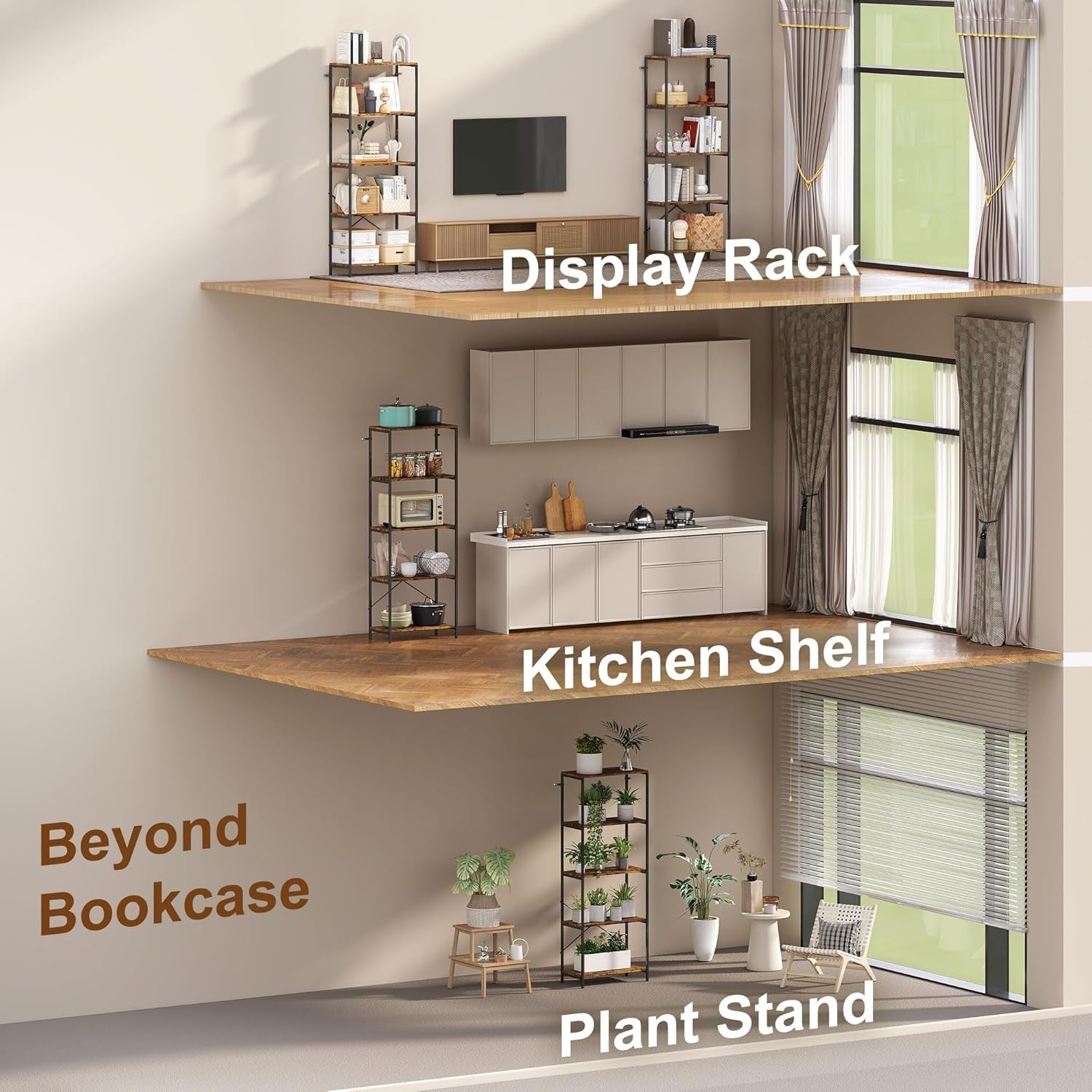 Rustic Brown & Black 5-Tier Industrial Bookcase Tall Metal Frame Display Shelf
